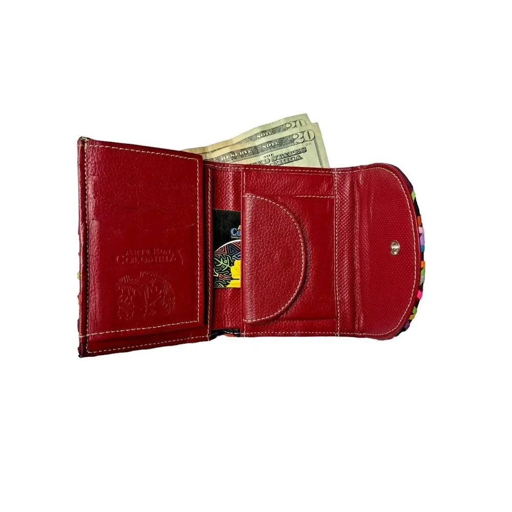 Unique‎ Artisan Handmade Mola Wallet Small Round 100% Leather Arte Kuna Colombia